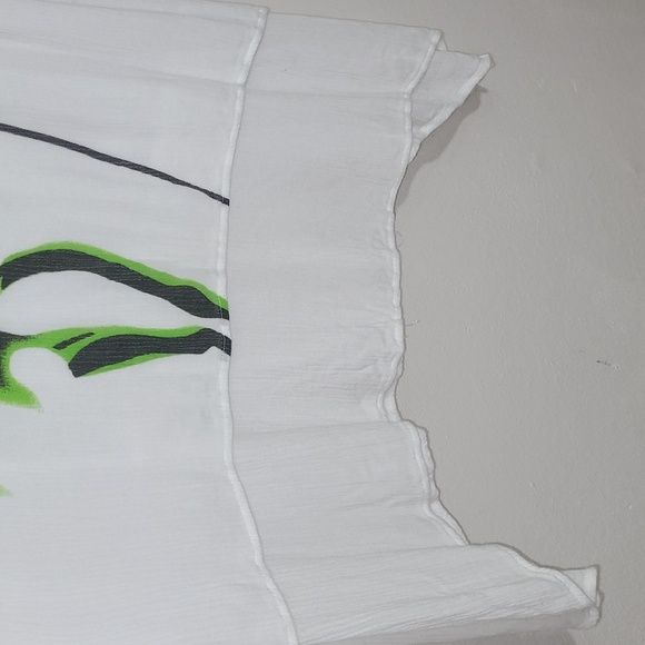 White Dress Gauzy Crinkle Bohemian Milkmaid Artsy Floral Print Relaxed Hi Lo - Picture 3 of 9